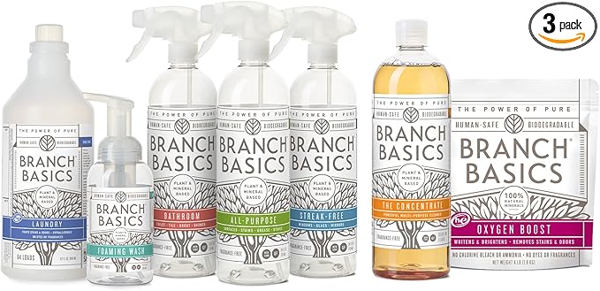 Branch Basics Premium Starter Kit: All Purpose, Glass, and Bathroom Cleaner plus our Foaming Wash, and Laundry Bottle (3 Plastic Spray Bottles + Concentrate) Fragrance-Free