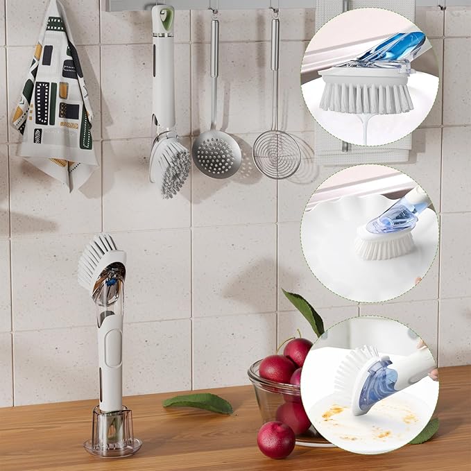 RIMAY Dish Brush with Soap Dispenser Storage Set, Soap Dispensing Dish Brush with 2 Pcs Brush Refills & Holder, Kitchen Dish Washing Wand with Handle for Dishes/Pans/Pots/Sink (White)
