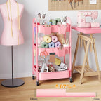 3 Tier Rolling Storage Cart Metal with Wheels, Pink Three Tiered Craft Cart Organizer on Wheels, Utility Carts for Baby Nursery, Diaper Caddy, Art, Book, Snack, Nail, Makeup, Bathroom Supplies, Mesh