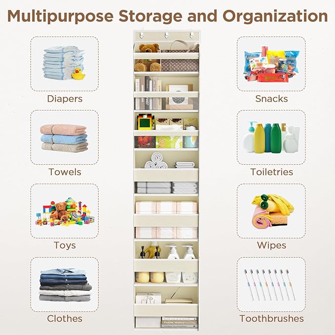 Over The Door Organizer, 7 Tier Door Hanging Organizers with 7 Large Pockets 12 Side Pockets, Behind Door Storage Hanging Shelves for Closet Bathroom Bedroom Nursery