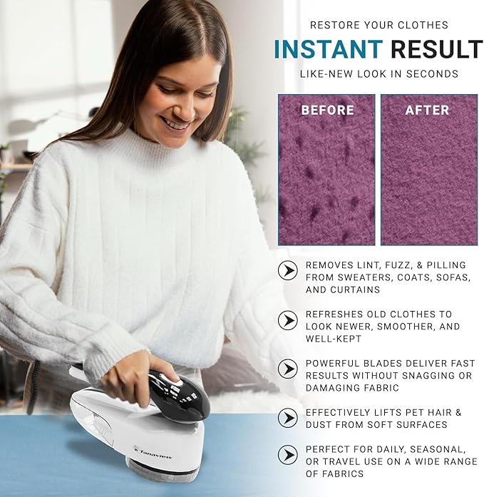 Power Corded Electric Fabric Shaver, No Battery, Pilling & Fuzz Remover for Clothes, Furniture, Couch, Sweaters - 6 Leaf Blades - Portable Defuzzer, Depiller with Stainless-Steel Blades