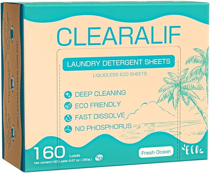 CLEARALIF Laundry Detergent Sheets, Fresh ocean, 160 Load, CLEARALIF Laundry Detergent Strips Eco Friendly & Hypoallergenic