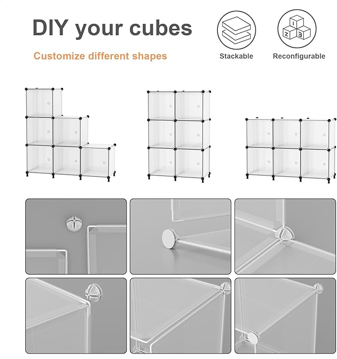 Cube Storage Organizer, 6-Cube Shelves Unit with Doors, DIY Stackable Plastic Clothes Organizer for Bedroom and Under Stairs Storage Unit, Each Compartment 30 x 30 x 30 cm White ATTSL6002