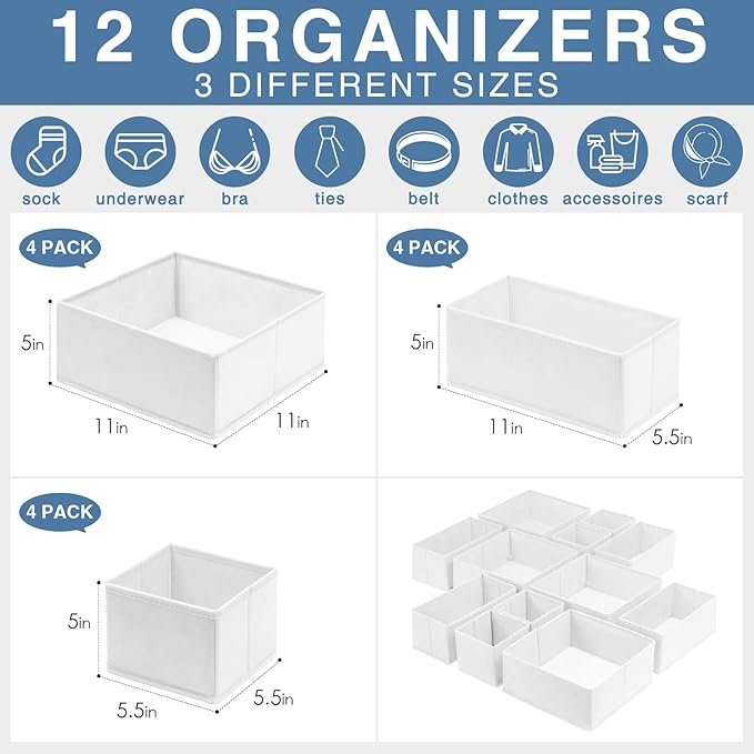 Criusia Drawer Organizer Clothes 12 Pack - Fabric Closet Organizers and Storage for Nursery Organization - Dresser Drawer Dividers for Baby Clothes/Socks/Underwear/Bras - College Dorm Room Essentials