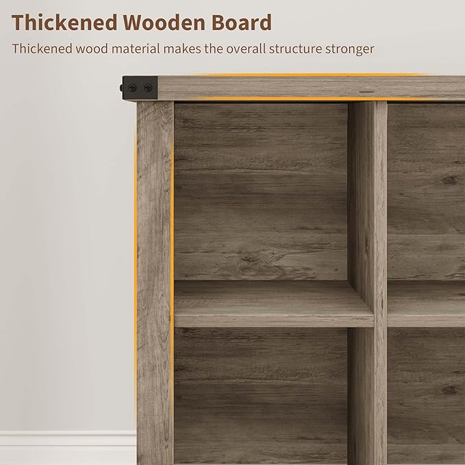 GarveeHome 9 Cube Storage Organizer Bookshelf, 4 Tier Farmhouse Horizontal Bookcase, 37.4 Inch Wood Storage Bookcase for Entryway, Long Low Bookshelves for Living Room-Grey