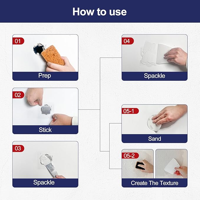 8.6oz Drywall Patch Repair Kit - Professional All-in-1 Tool Set (Scrapers/Sandpaper/Texture Sponge/Gloves/ Aluminum Patches) for Fast Wall Hole Repair