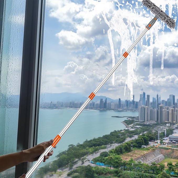 Window Squeegee with Long Handle, 57 inch BITOPE Glass Cleaner Tool with Telescopic Pole, Microfiber Cleaning Pads & Chenille Cloth for Car Windshield, Mirror, Door, Solar Panel, Inside/Outside Window
