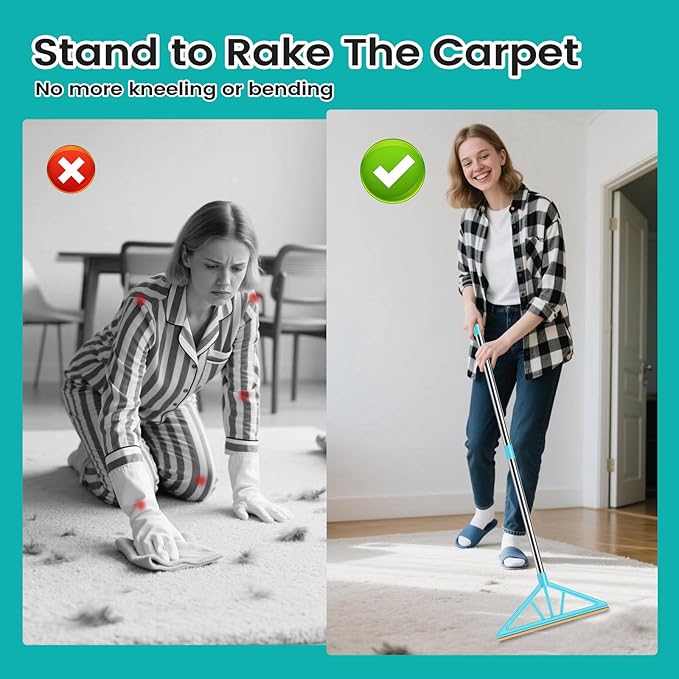 Carpet Rake for Pet Hair Removal,Reusable Pet Hair Remover, 55”Adjustable Long Handle Carpet Rake Pet Hair Remover,Dog Hair Rake,Cat Fur Brush,Lint Remover Scraper for Carpets,Rugs,Mats,Couch