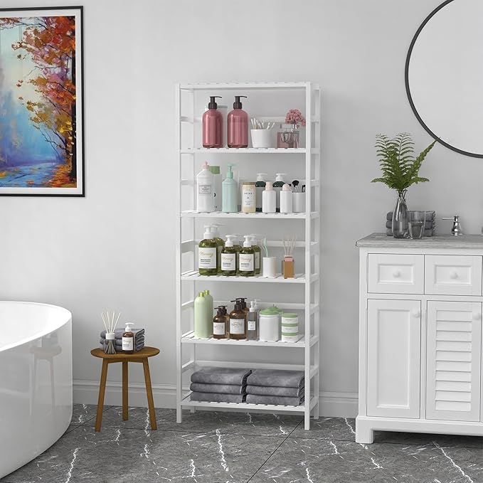 VASMIA 6-Tier Bamboo Shelf,Bamboo Storage Shelving Unit,Tall Bookcase with Adjustable Shelves,Multipurpose Storage Display Shelf for Bathroom, Living Room, Balcony, Kitchen,White
