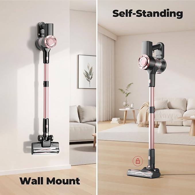 Cordless Vacuum Cleaner, Powerful Lightweight Stick Vacuum with Self-Standing, Anti-Tangle, 8-in-1 Rechargeable Vacuum Cleaners for Home, Hardwood Floors, Carpet, Pet Hair (Pink)