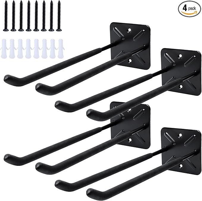 SMART JERRY - Garage Hooks Heavy Duty Tool Organizer │Wall Mount Hooks for Car Tires, Ladders, Chairs, Strollers & Power Tools │Garage Organization Hooks │4 Pack