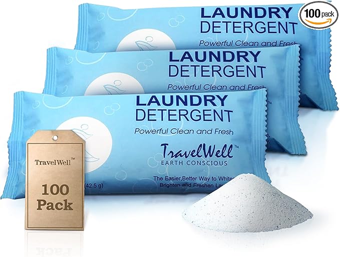 Travel Well Laundry Detergent Powder Packets - TSA-Approved Hotel & Bulk Laundry Detergent Pack - Individually Packaged Paraben-Free Stain Remover Packets - Pack of 100, 1.5 Oz