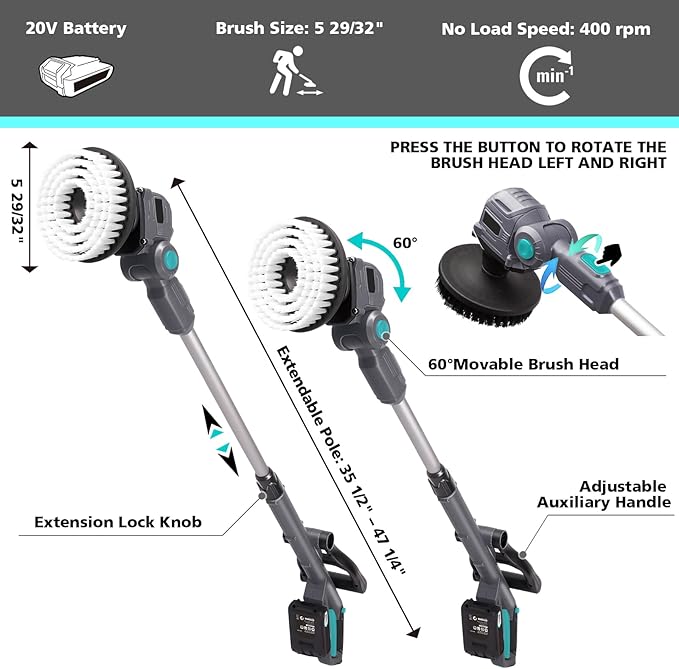 20V Outdoor Electric Brushless Spin Scrubber, Cordless Spin Scrubber with Replaceable Brush Heads and Battery, Power Cleaning Brush for Outdoor, Bathroom Stone, Tile Floor,Grout,Grooves