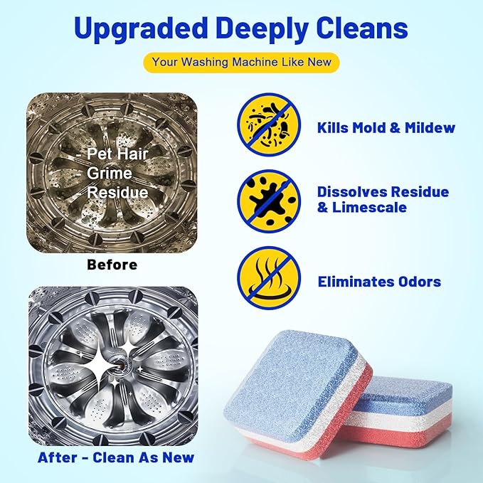 Washing Machine Cleaner Tablets 30 Pack, Upgraded Formulated for Pet Owners, 1+Year Supply, Deep Cleaning Tablet For HE-Front & Top Load Washer, Removes Residue, Grime, Odors and Pet Hair