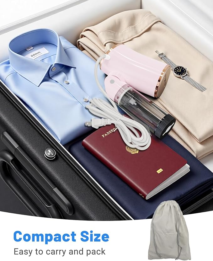 Foldable Travel Sized Steamer for Clothes,Portable Garment Steamer The Voltage of 110-120V, Wattage 1000W, Water Tank Capacity 200 ML, 8 FT Long Power Cord (Pink)