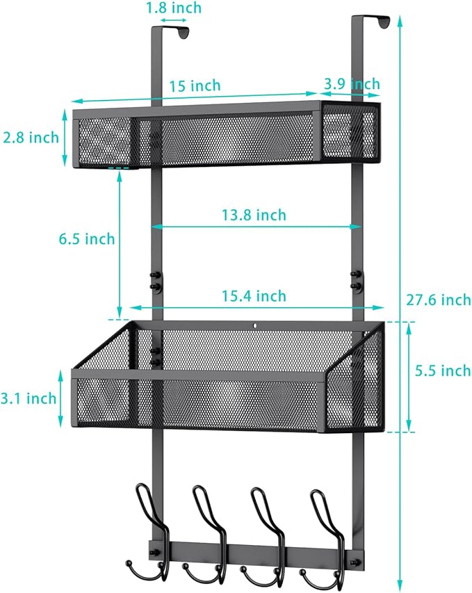 Over Door Hook Organizer 12 Hook Over The Door Organizer with 2 Mesh Baskets - Back of Door Storage Towel Rack Space Saving Storage Organizer for Bedroom, Bathroom, Kitchen, Pantry, Black