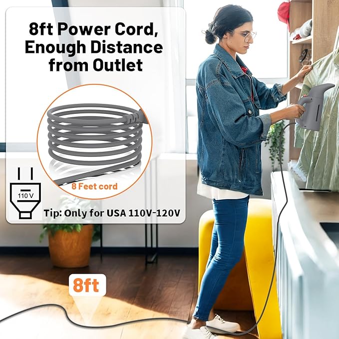 Steamer for Clothes, Handheld Garment Steamer, Portable Clothes Steamer Remove Wrinkle, 180ml Water Tank, 12 minutes Continuous Steam, 2.3 meter Cord, Ideal for ALL Fabrics, One button Design (Gray)