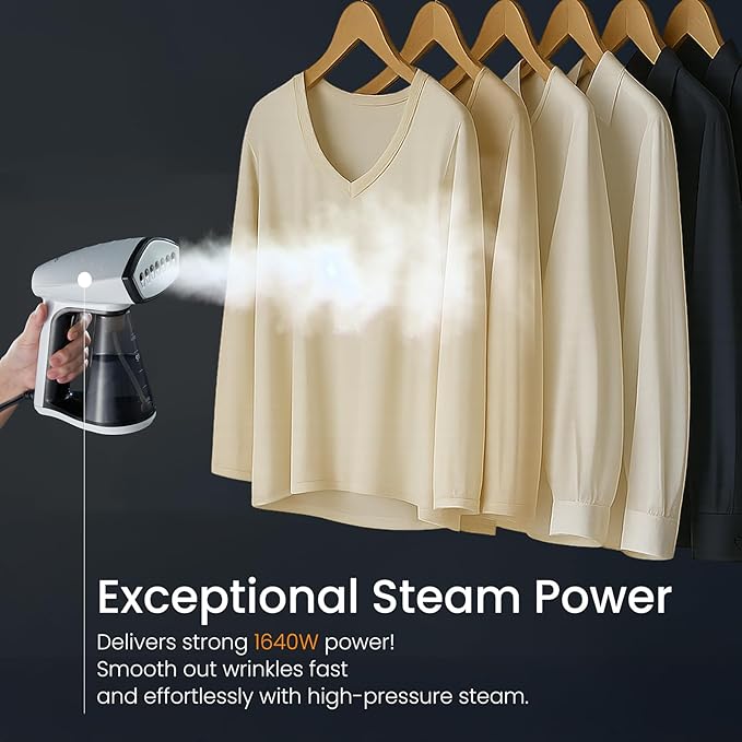 Osner Handheld Garment Steamer for clothes, 1450W Quick Heat Auto-trigger, Compact Travel Steamer, Clothes Steamer, Fabric Wrinkle Remover with Lint Brush Steam Nozzle (8.2 ft cord, White Plus)