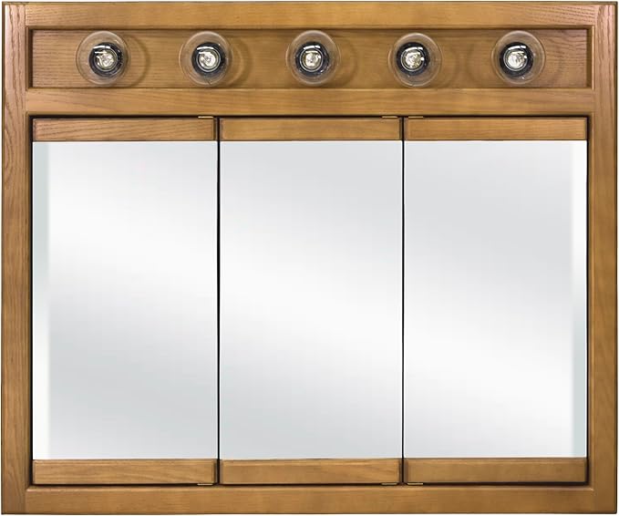 Design House Richland Medicine Cabinet with 5 Lights, Fully Assembled, Wall Mounted, 3 Mirrored Doors, Wood Frame, Oak Finish, 36 in x 5 in x 30 in, 530618-NOK