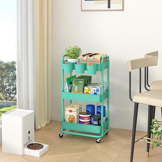 JIUYOTREE 3-Tier Plastic Rolling Storage Cart Utility Cart with Extra Hanging Cups Handles Lockable Wheels for Living Room Bathroom Kitchen Office Green