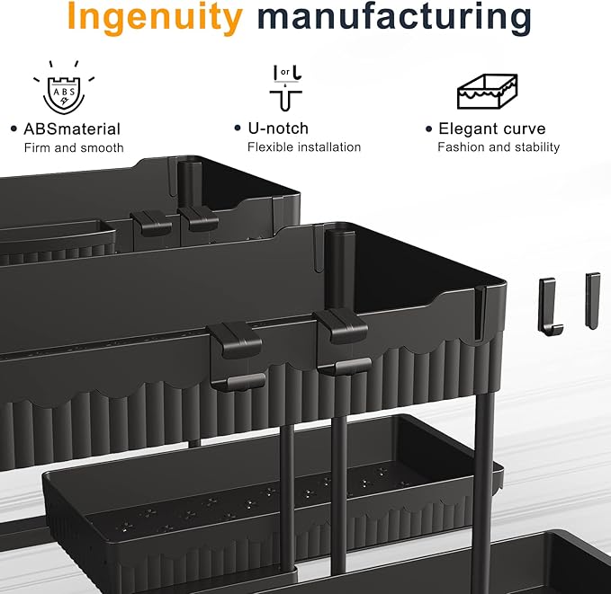 2 Pack Multi-Purpose Under Sink Organizers and Storage, 2025 Pull Out Cabinet Organizer for Bathroom & Kitchen, Under Cabinet Organizer with Hooks Hanging Cup, Black