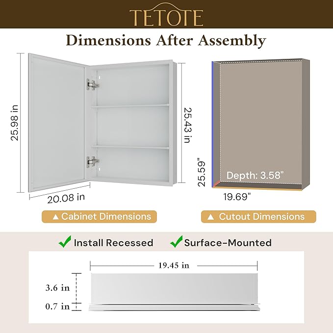 TETOTE 20 x 26 Bathroom Mirror with Storage with Tempered Beveled Mirror White Medicine Cabinet Aluminum Cabinet DTC Hinges, Stepless Adjustable Shelves, Recessed/Surface-Mounted