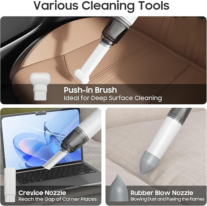 Handheld Vacuum Cordless, Car Vacuum Cleaner Portable with HEPA Filter, 2 Suction Modes, Mini Hand Held Vacuum Rechargeable for Car, Home, Pet Hair, Office, Desk, Keyboards (White)