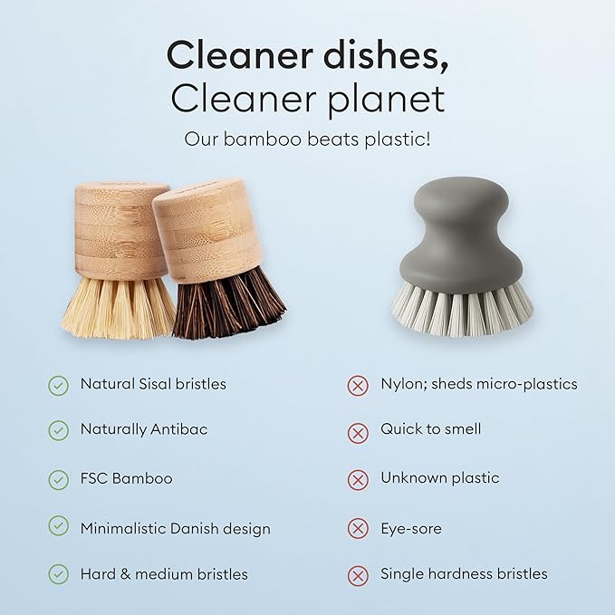 Vove Bamboo Scrub Brush Set, 3 Pack - FSC Certified Bamboo, Plastic-Free Natural Fiber Bristles, Sisal & Union Fibers, Stainless Steel - Kitchen Dish Scrubbing Set, 2 Hard, 1 Medium