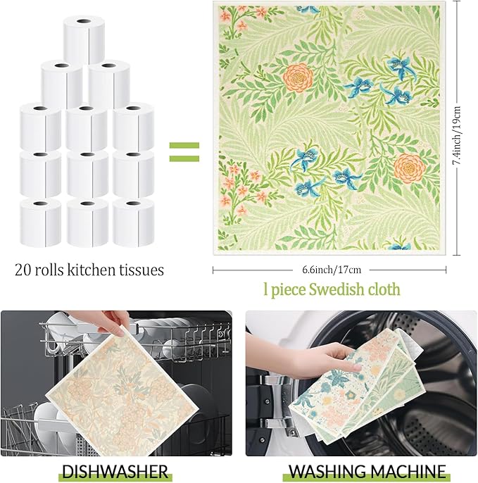 6 - Pack Swedish Kitchen Dish Cloths - Reusable Paper Towels for Counters & Dishes - Eco Friendly Cellulose Sponge Cloth - Assorted (Flower Pattern)