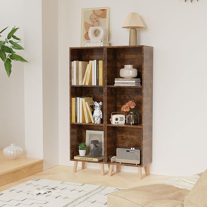 Lkeiyay Wooden 3 Cube Open Bookcase,3 Tier Mid-Century Bookshelf with Legs, Modern Storage Display Cabinet Organizer Bookshelves for Bedroom,Living Room,Office (Rustic Brown)