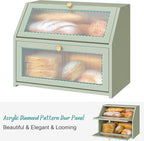 Green Bread Box for Kitchen Counter, Large Bamboo Wood Double Layer Bread Box, Wooden Bread Storage Capacity