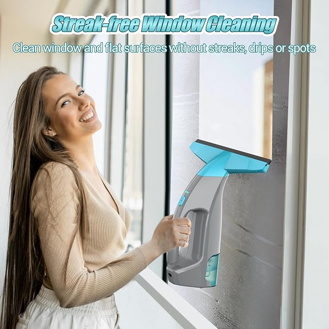 Window Vacuum, Power Window Squeegee 11", Rechargeable Window Vac with Spray Bottle, Electric Cleaning Tool for Showers, Mirrors, Glass, 2200mA, 200ml Water Tank