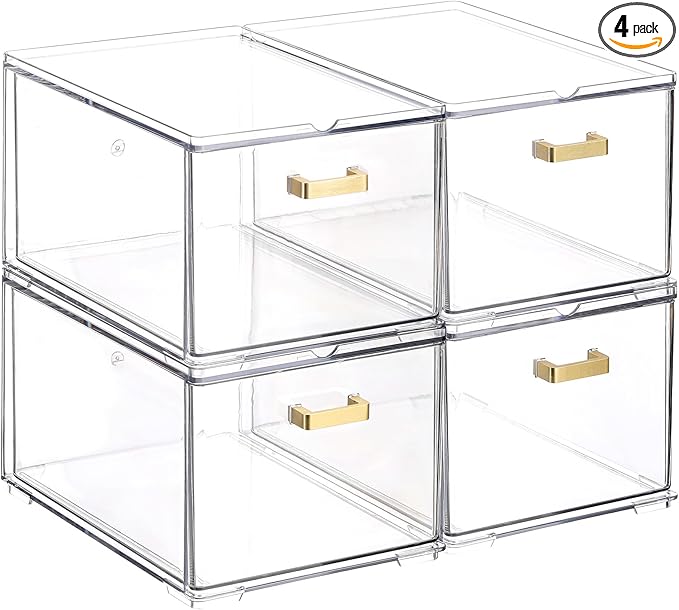 4 Pack Clear Stackable Storage Drawers, 8" Tall Bathroom Makeup Organizer with Handle, Plastic Organizer Bins Easy Assembly for Home, Kitchen, Pantry, Cabinet Under Sink Organization