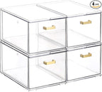 4 Pack Clear Stackable Storage Drawers, 8" Tall Bathroom Makeup Organizer with Handle, Plastic Organizer Bins Easy Assembly for Home, Kitchen, Pantry, Cabinet Under Sink Organization