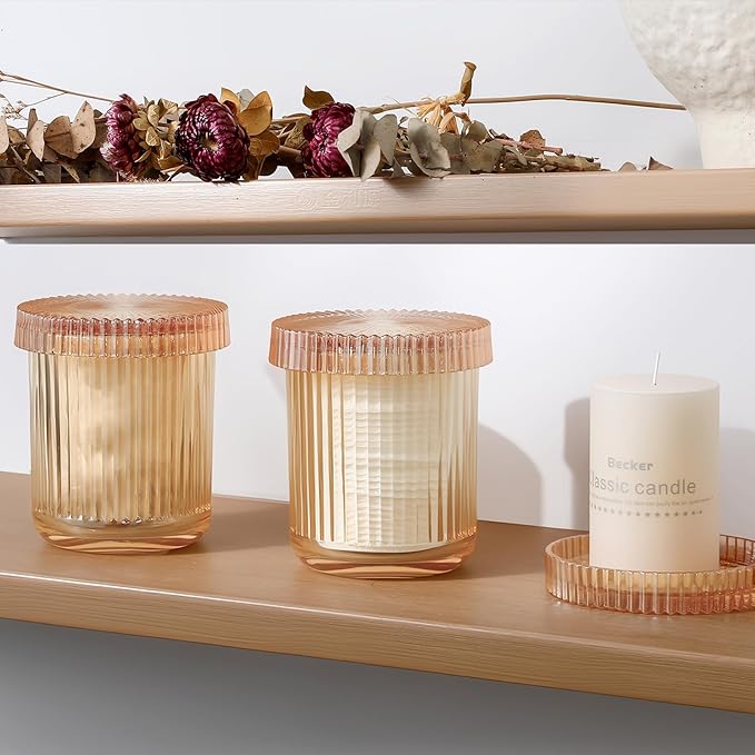 rejomiik Glass Qtip Holder Dispenser 2 Pack, Bathroom Canister Apothecary Jars with Lids, Vanity Makeup Accessories Storage Organizer for Cotton Swabs, Cotton Balls, Pads, Floss Picks, Amber