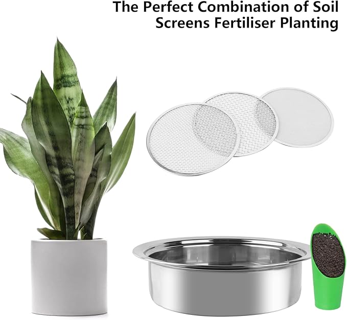 Stainless Steel Garden Sieve & Soil Sifter Tool - 9.5 Inch Stackable Sifting Pan with 3 Mesh Sizes (0.043"/0.133"/0.204") for Sand, Bonsai Soil - Includes Mini Shovels & Scoop (1 Pack)
