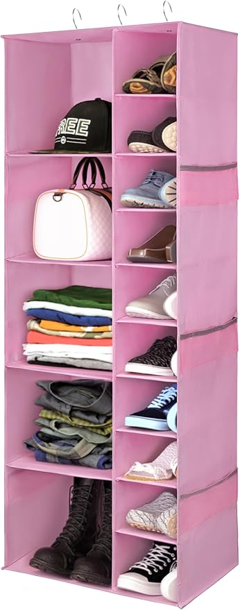 Libeder Shoe Organizer for Closet, 15 Shelf Hanging Closet Storage Shelves - 10 Shoe Rack Organizer and 5 Compartment for Clothes with 6 Side Mesh Pockets for Scarves Socks,Gloves Pink