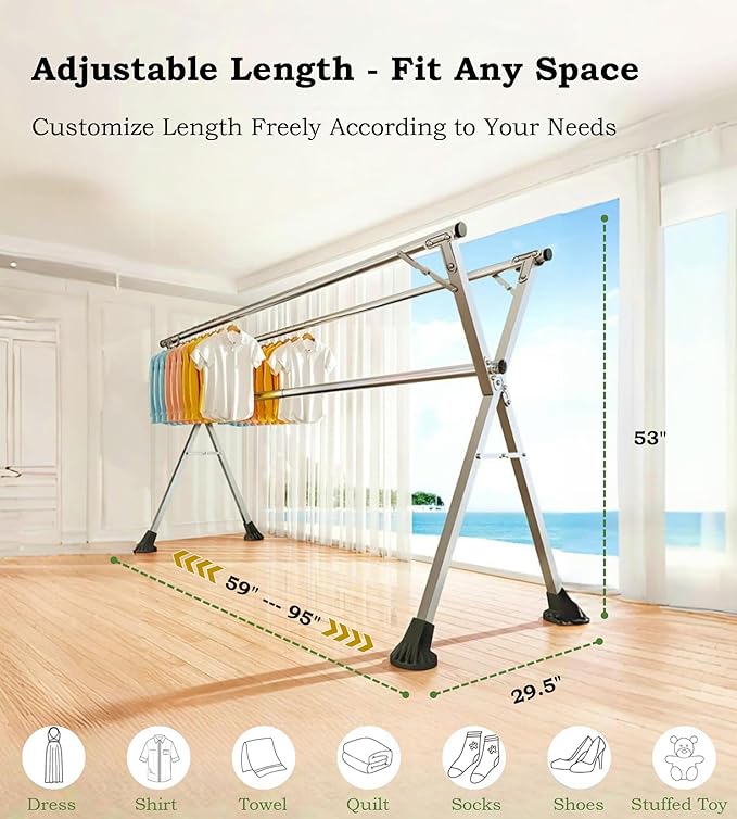 95 Inches Clothes Drying Rack Clothing Windproof Design, Heavy Duty Stainless Steel Laundry Drying Rack Folding Indoor Outdoor, Foldable Portable Clothing Racks for Hanging Clothes, 20 Hooks 12 Clips
