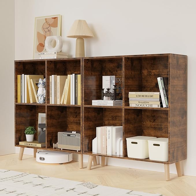 Lkeiyay Wooden 4 Cube Open Bookcase,2 Tier Mid-Century Bookshelf with Legs, Modern Storage Display Cabinet Organizer Bookshelves for Bedroom,Living Room,Office (Rustic Brown)