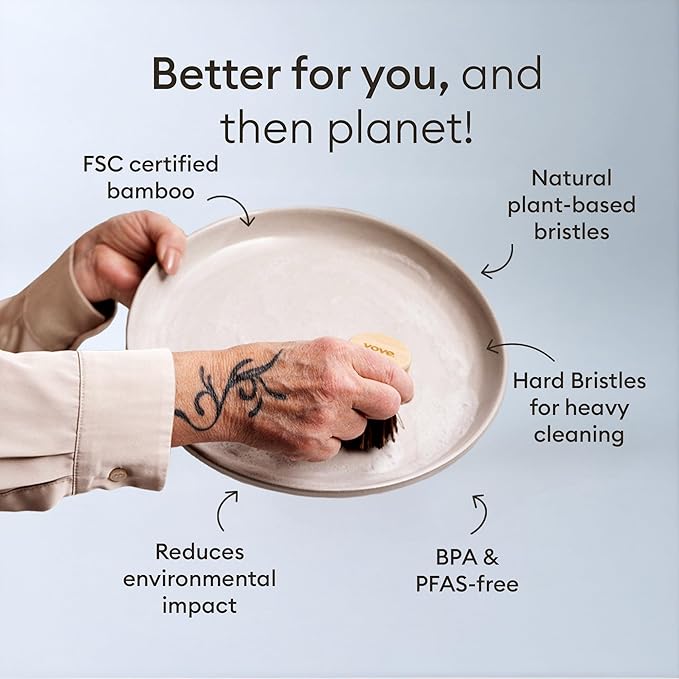 Vove Dish Brush Bundle - FSC-Certified Bamboo Dish Brush & Scrub Brush, 3 Replacement Heads - Natural Fiber Bristles - Non-Toxic, Plastic-Free Kitchen Set