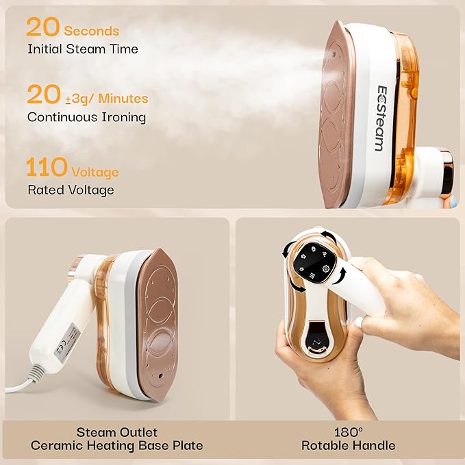 Garment Steamer for Clothes, 2-in-1 Portable Handheld Wrinkle Remover & Steam Iron, 1200W Fast Heat-Up, Compact Travel-Friendly Design, 180ml Tank, Ceramic Soleplate, Rotating Handle