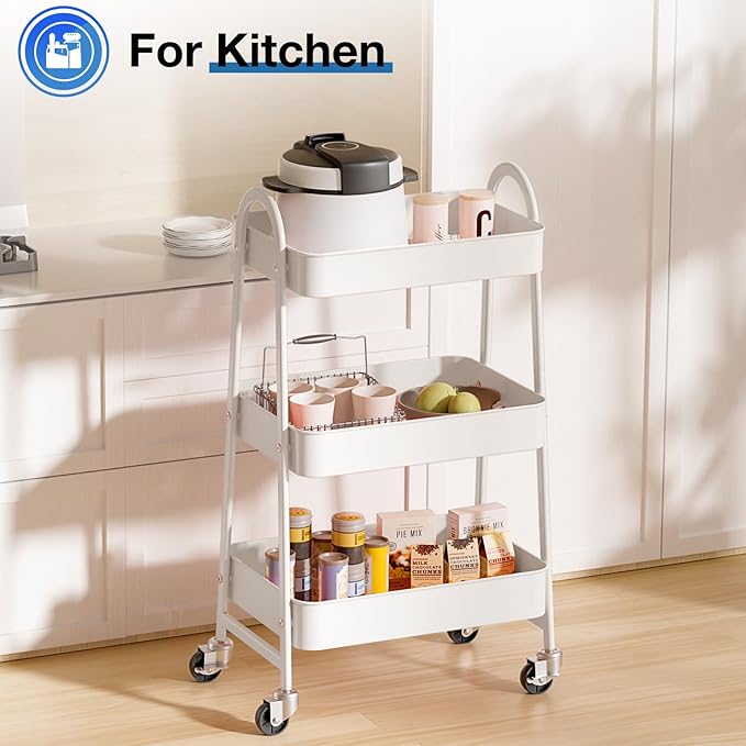 OLIXIS 3 Tier Utility Rolling Cart, Metal Mobile Storage Shelf with Lockable Caster Wheels, Organization for Livingroom, Bathroom, Kitchen, & Narrow Places, White