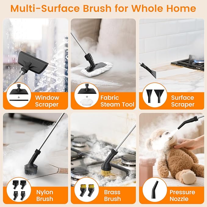 Pressurized Steam Cleaner, 3-Level Adjustable Handheld Steamer Cleaning for Home, 15s Fast Heat-Up & 47.3oz Tank, 2500W Multi-Surface Portable Steamer for Floor/Grout/Car/Kitchen & Bathroom