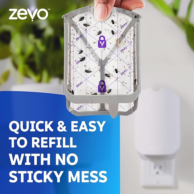Zevo Flying Insect Trap & 3 Refill Cartridges - Plug in Fly Trap & Indoor Bug Catcher for Gnats, House & Fruit Flies - Blue & UV Light Technology, Mess-Free Alternative to Bug Zapper
