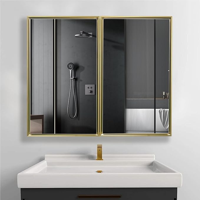 Medicine Cabinet with Aluminum Framed Mirror,36"x32" Surface Mount or Recessed Mount Bathroom Vanity Mirror,Single Door Bathroom Mirror with Storage Cabinet