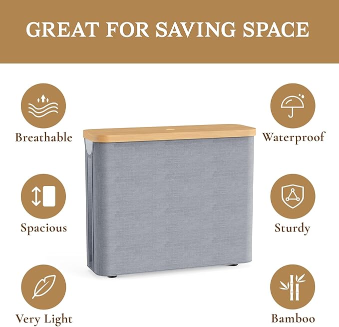 Toilet Paper Storage Basket with Bamboo Lid, Toilet Paper Holder with Storage, Free Standing Bathroom Storage Organizers with Non-Slip Bottom, Grey 1 Pack