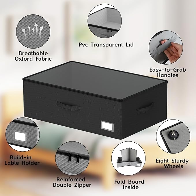Underbed Storage With Wheels, No Assemble Required 12 inches Height Under bed Storage Bins,Large Capacity Rolling Shoe Storage Containers，Dorm clothes Storage