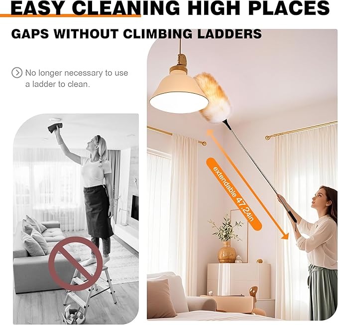 Lambswool Feather Duster with Extension Pole up to 63inch,Extendable Feather Duster Used for Cleaning High Ceiling Fan, High Ceilings,Furniture,Hard to Reach Areas