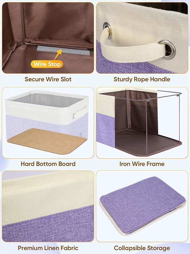 BALEINE 4 Pack Fabric Storage Bins for Shelves, Linen Storage Baskets for Organizing, Decorative Closet Bins for Clothes, Home (Lavender, 15''x11''x9.5'')