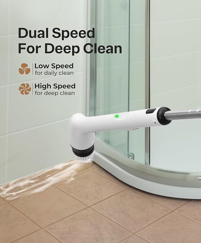 LyriFine Electric Spin Scrubber, New Full-Body IPX7 Waterproof Bathroom Cleaner Brush, Shower Scrubber with Long Handle & 2 Speed, Heads Replacement, Cleaning Supplies for Tub Shower Tile Floor